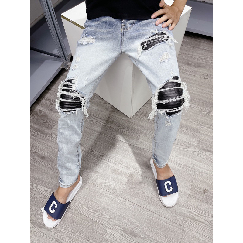 Quần bò super xanh bạc vá da đen có big size 28 đến 36