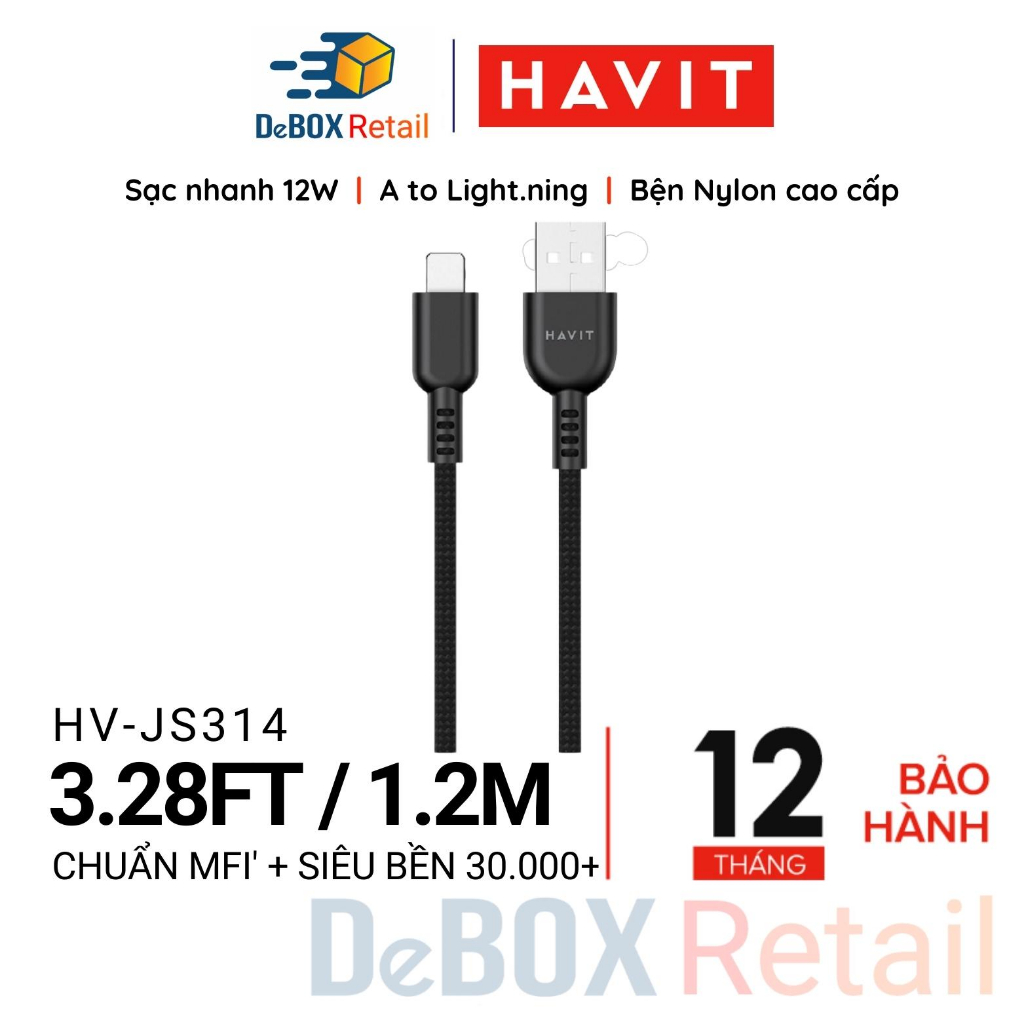 Cáp Sạc Nhanh HAVIT JS314, USB-A to L dài 1m, Chất liệu PVC Bện Nylon Cao Cấp - Hàng Chính Hãng