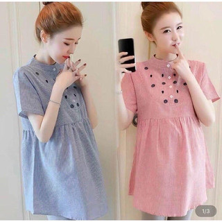 Áo bầu cộc tay công sở kẻ xanh, hồng