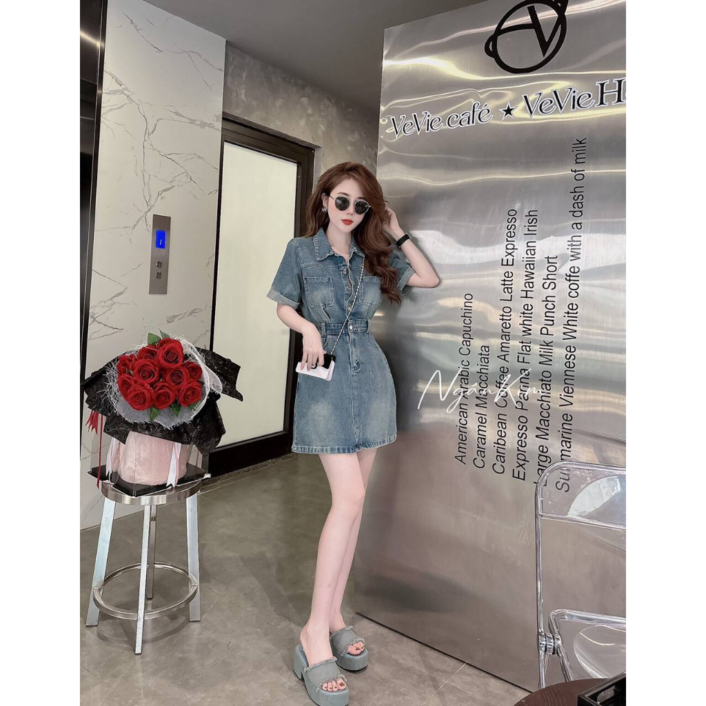 Váy bò dáng ngắn kèm đai hàng quảng châu siêu đẹp - Đầm jean nữ