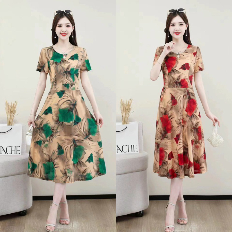 Đầm trung niên  Váy trung niên ngắn tay cho mẹ hàng Quảng Châu chất vải thun lạnh 3D đẹp nhẹ,mát