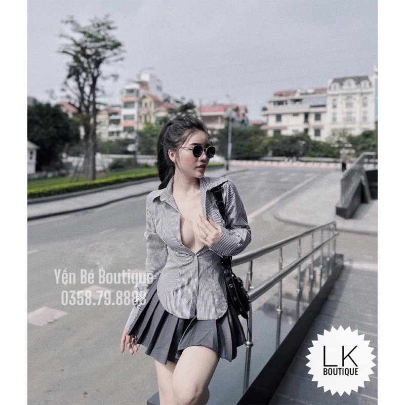 Set áo sơ mi kẻ chân váy xếp ly siêu xinh cho các nàng dạo phố