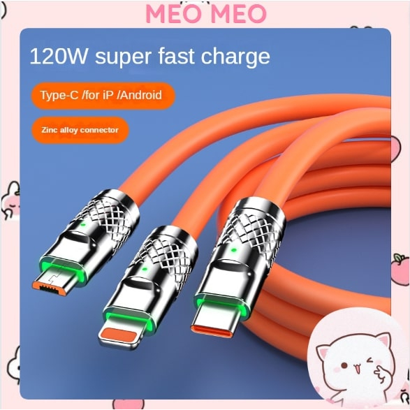 Dây Sạc 3 Đầu Đa Năng, Dây sạc 3 trong 1 Hợp Kim Kẽm 120W 6A Dây Silicone