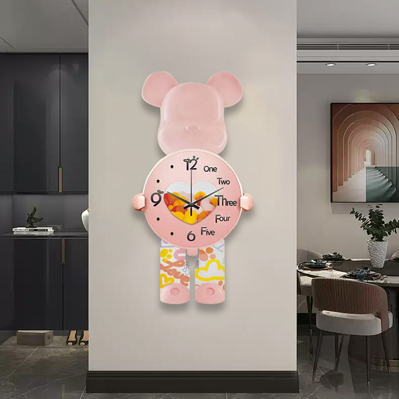 Tranh đồng hồ tráng gương pha lê cao cấp Lala Gấu Bearbrick trang trí phòng khách tặng kèm pin và đinh đa năng