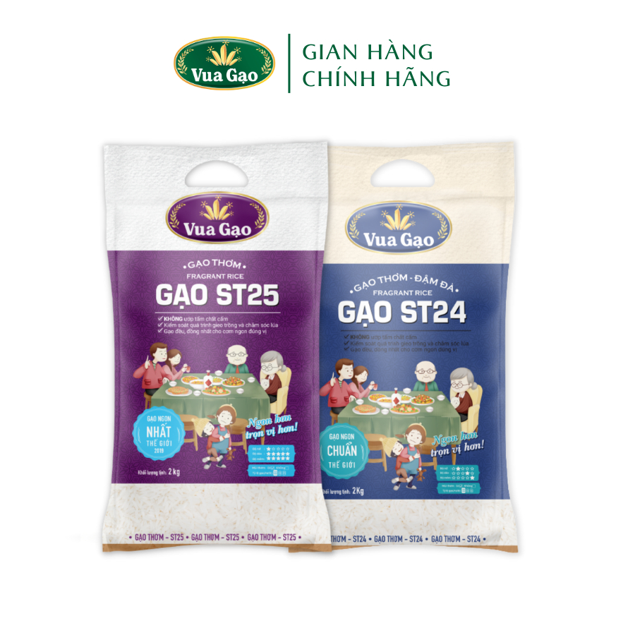 Combo Gạo ST25 và Gạo ST24 - Chính Hãng Vua Gạo - Túi 2kg (Cam kết date mới)