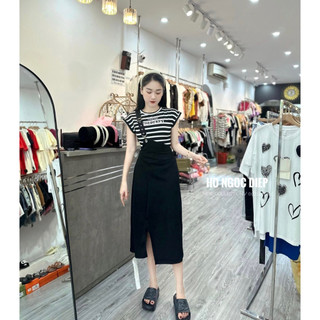 Váy đầm kẻ yếm lệch xẻ tà QCL1 LuciK Shop DV0011