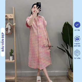 Đầm Váy Bầu Công Sở Mùa Hè Cổ Sơ Mi Kẻ Hồng Caro Dáng Suông Dễ Mặc - Đầm Bầu Babydoll Mặc Trước Sau Sinh