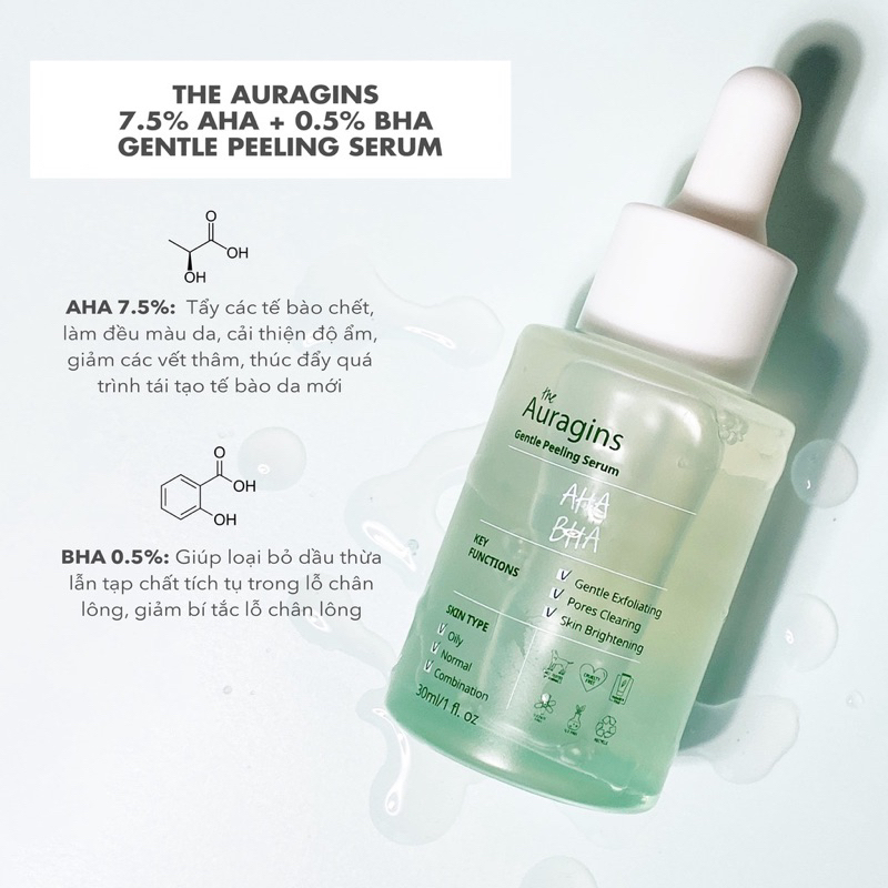 Serum Tẩy Tế Bào Chết The Auragins 7.5% AHA + 0.5% BHA Gentle Peeling 30ml