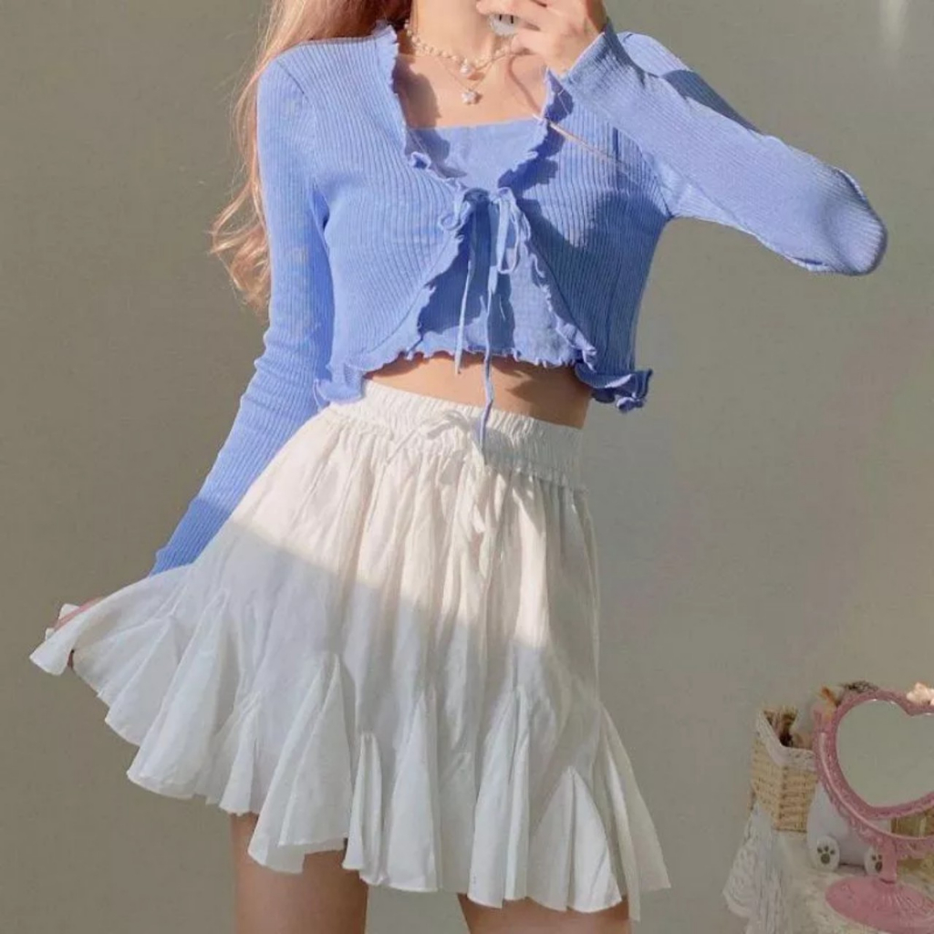 Set áo croptop cadigan kèm áo gan chất len tăm viền bèo điệu đà CRTS07