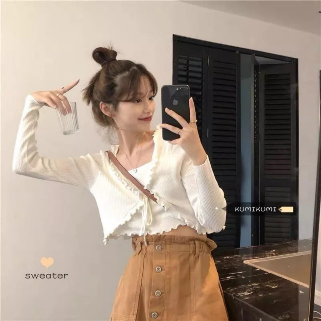 Set áo croptop cadigan kèm áo gan chất len tăm viền bèo điệu đà CRTS07