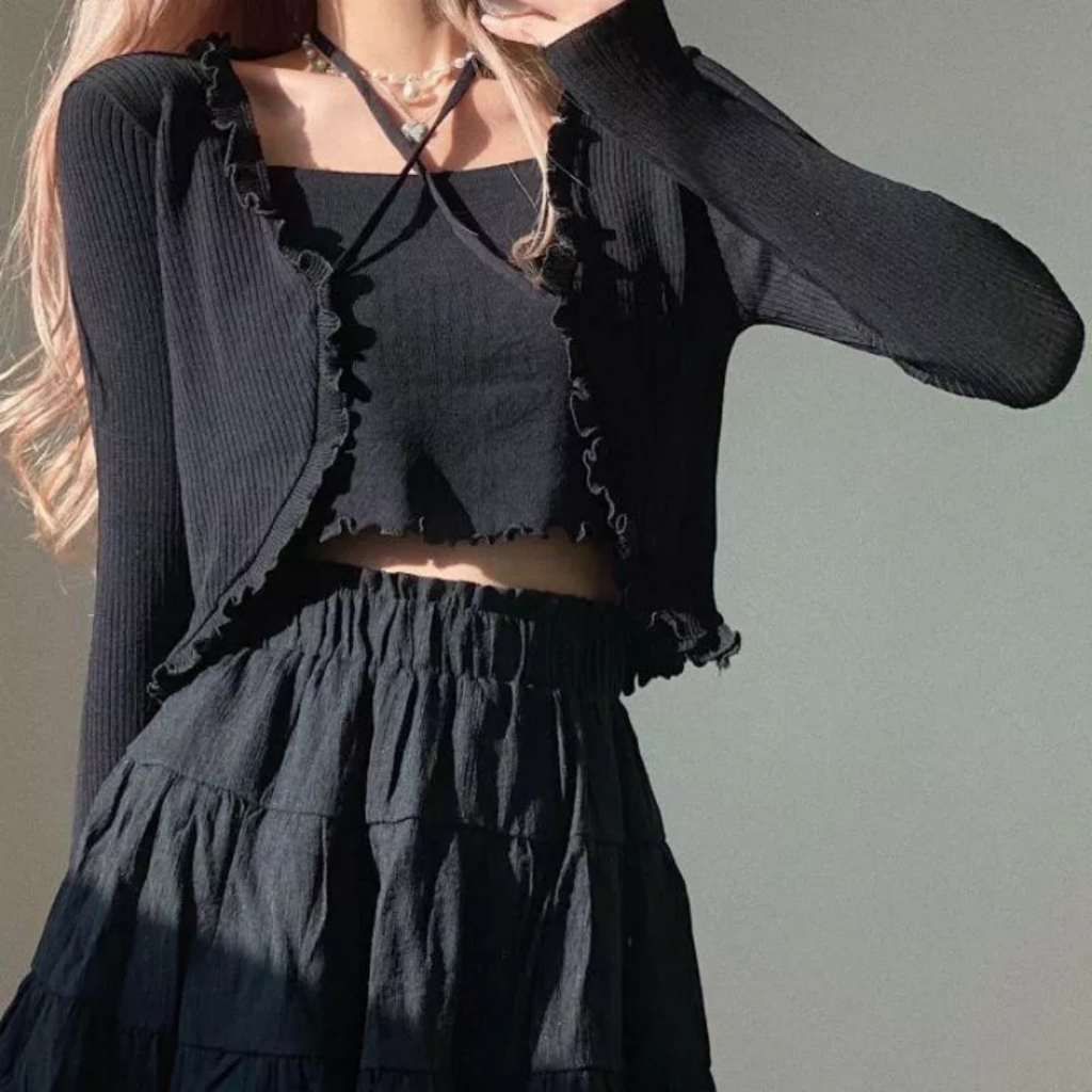 Set áo croptop cadigan kèm áo gan chất len tăm viền bèo điệu đà CRTS07