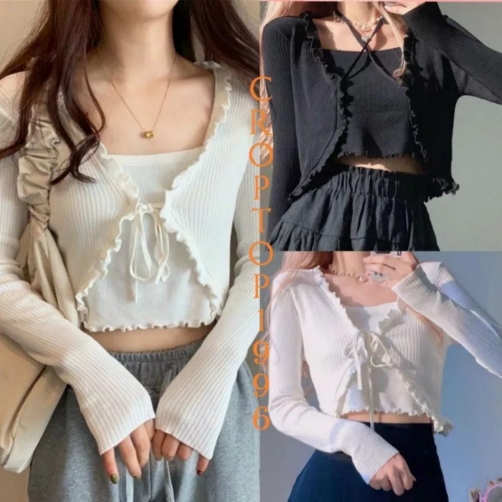 Set áo croptop cadigan kèm áo gan chất len tăm viền bèo điệu đà CRTS07