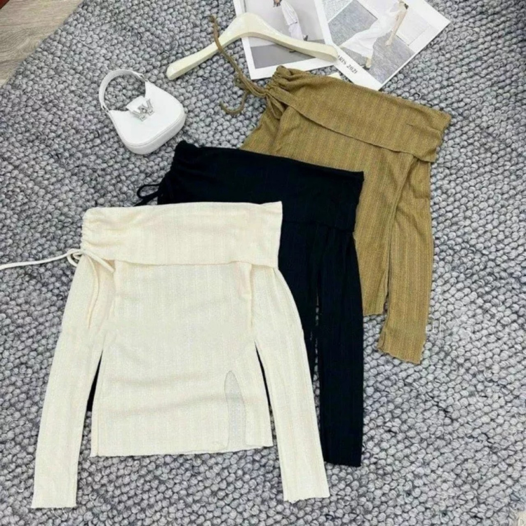 Áo croptop dài tay trễ vai phối dây rút xẻ tà tôn dáng chất len gân sang chảnh CRTS09