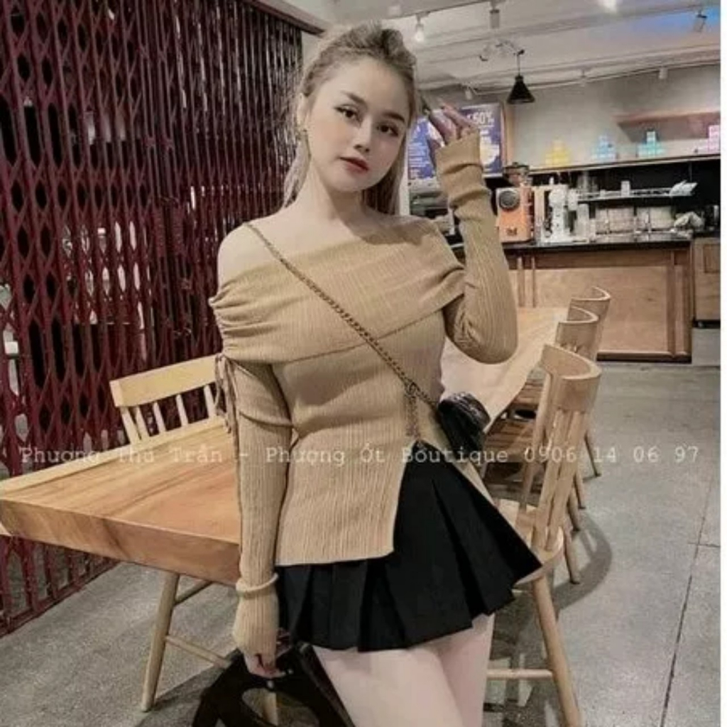 Áo croptop dài tay trễ vai phối dây rút xẻ tà tôn dáng chất len gân sang chảnh CRTS09