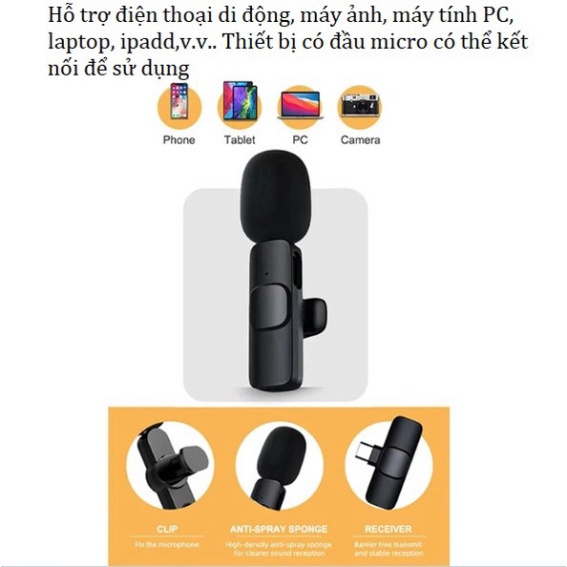 Micro Thu âm Không Dây Cài Áo K9 - Lọc Âm Tốt - Khoảng Cách 20m - Sử Dụng Cho Cả Android Và Ios