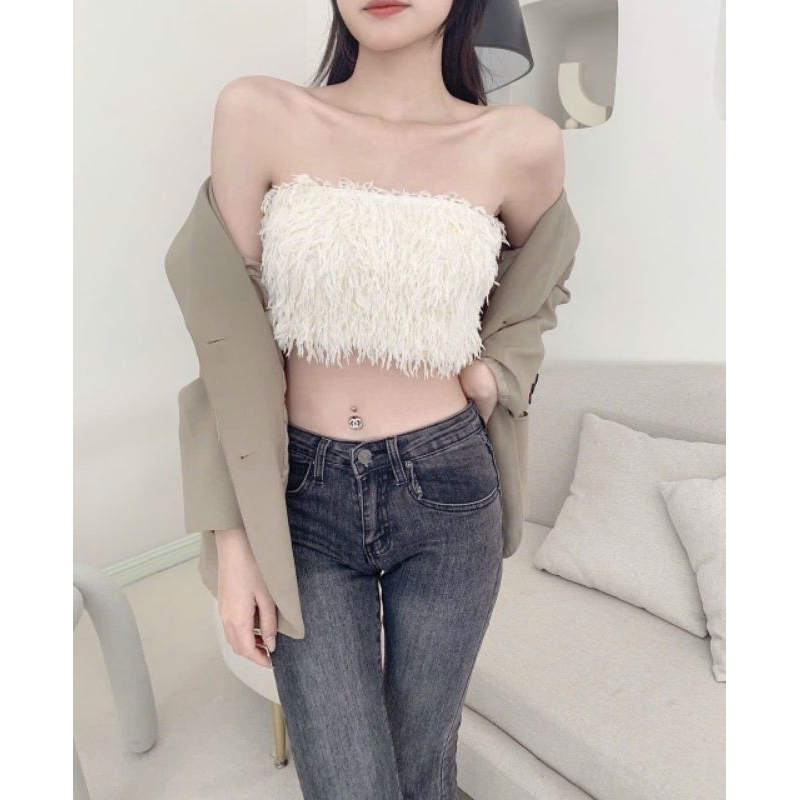 Áo ống -Áo 2 dây phối lông vũ QC cao cấp thời trang sành điệu cho nữ. Kèm mút ngực.LP052096B