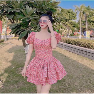 Đầm hoa nhí tay chun , váy quây cúp ngực bèo tầng cho nữ,