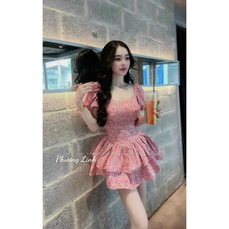 Đầm hoa nhí tay chun , váy quây cúp ngực bèo tầng cho nữ,