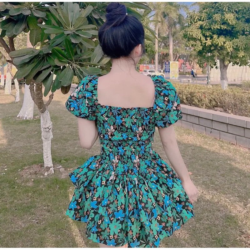 Đầm hoa nhí tay chun , váy quây cúp ngực bèo tầng cho nữ,