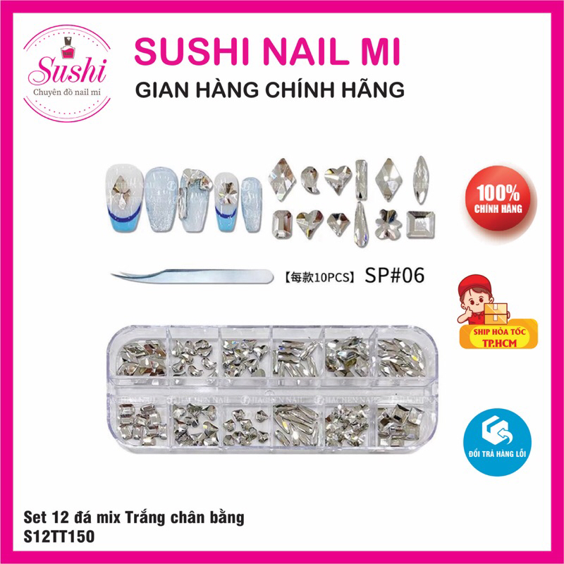 Set 12 ô đá mix chân bằng, đá đính móng trang trí lấp lánh - Sushi nail mi