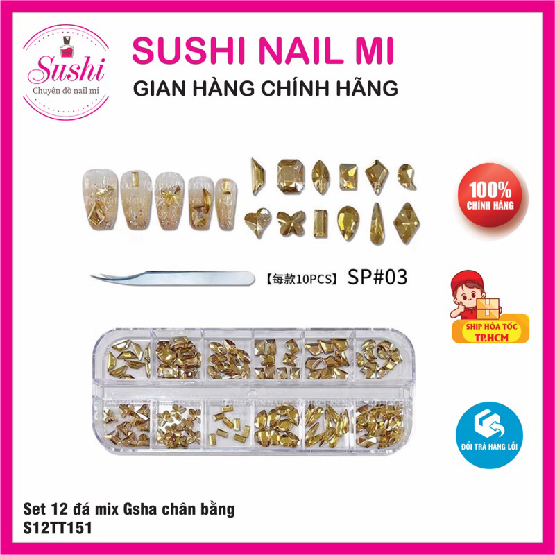 Set 12 ô đá mix chân bằng, đá đính móng trang trí lấp lánh - Sushi nail mi