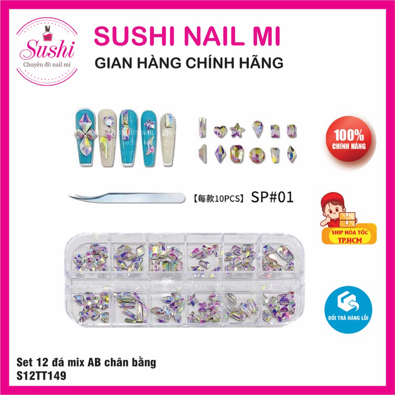 Set 12 ô đá mix chân bằng, đá đính móng trang trí lấp lánh - Sushi nail mi