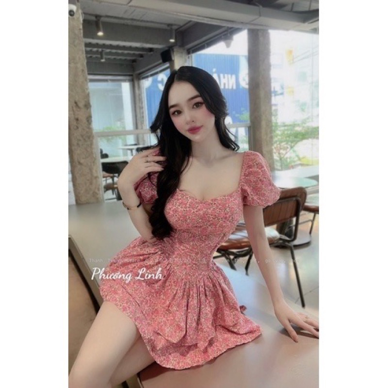 Đầm hoa nhí tay chun , váy quây cúp ngực bèo tầng cho nữ,