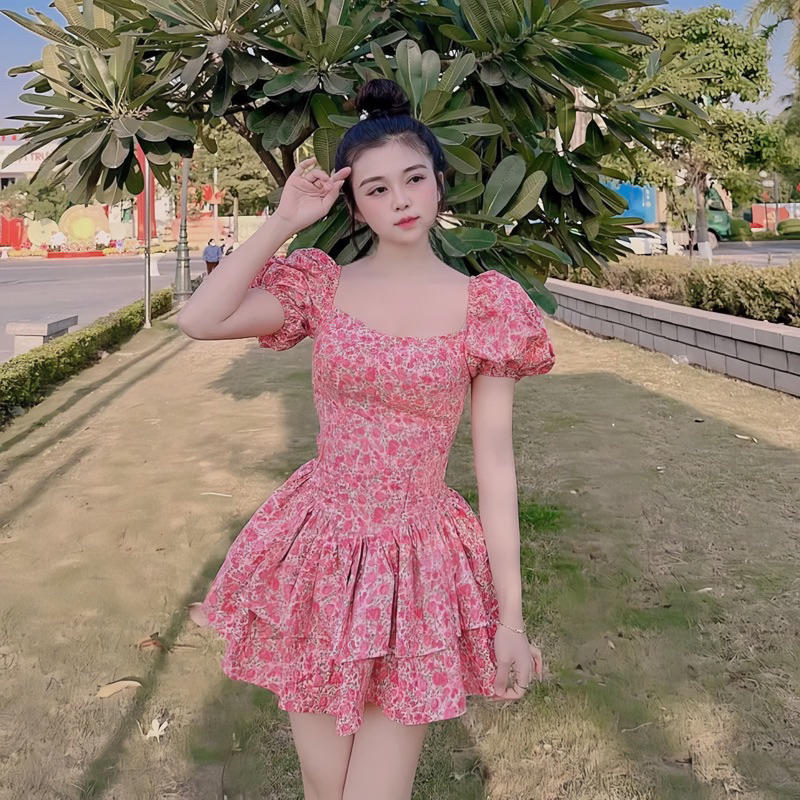 Đầm hoa nhí tay chun , váy quây cúp ngực bèo tầng cho nữ,