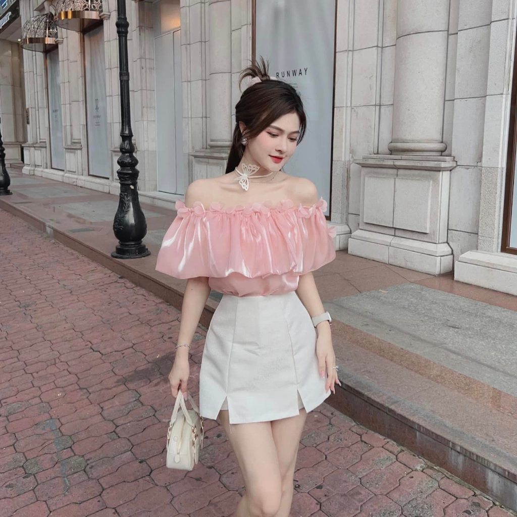 Set bộ đồ nữ áo trễ vai voan ánh tơ mix quần giả váy chữ A xinh xắn cho các nàng teen diện đi chơi siêu xinh