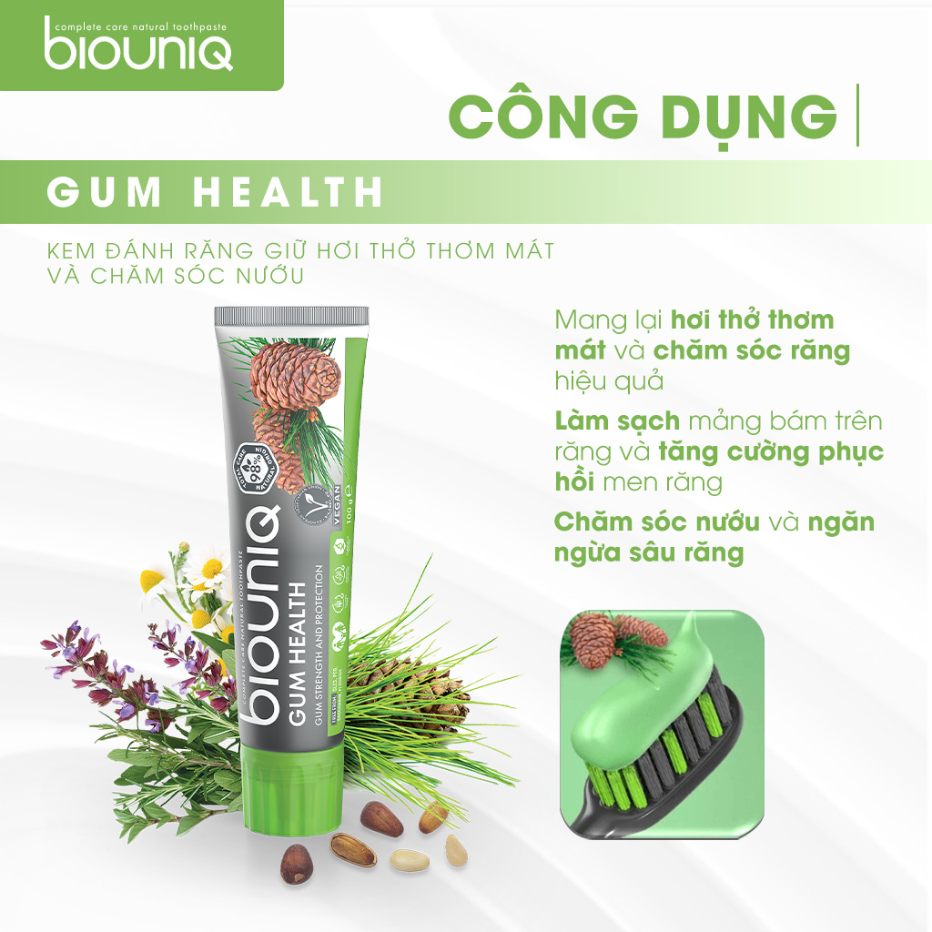 Kem Đánh Răng Hơi Thở Thơm Mát Và Chăm Sóc Nướu BIOUNIQ Gum Health Chiết Xuất Bách Xù, Thảo Mộc 100G