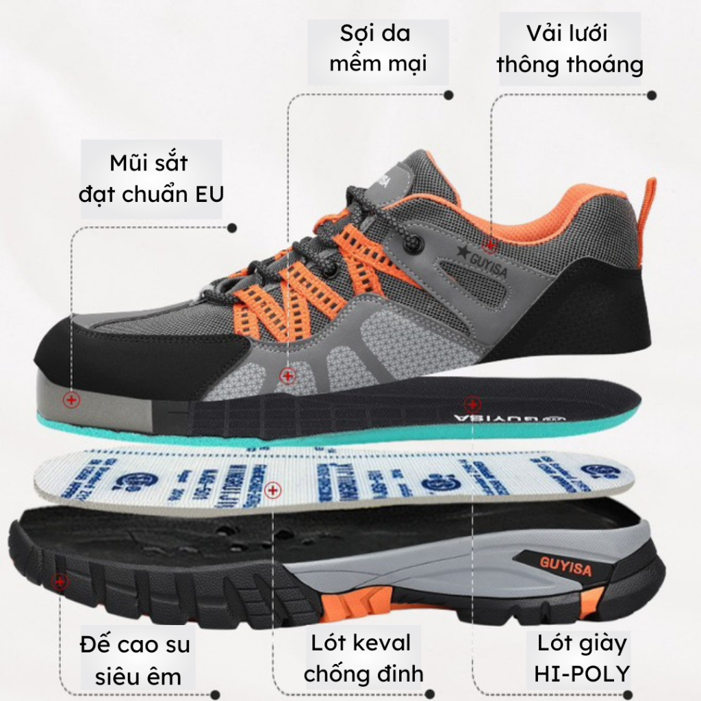 Giày bảo hộ lao động nam thời trang siêu bền thoáng khí mũi thép chống va đập chống đinh Guyisa 1105