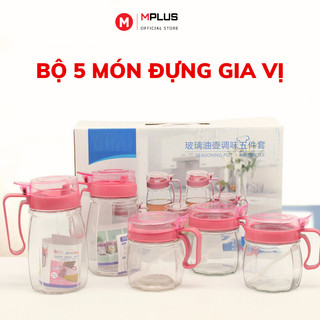 Lọ đựng gia vị thủy tinh 5 món, bộ hũ đựng gia vị màu hồng trong suốt cực đẹp sang trọng có tay cầm-mp