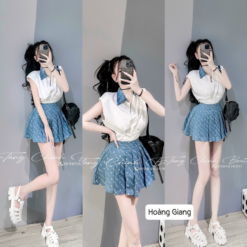 Đầm đi phố áo phối cổ chân váy jean xếp ly