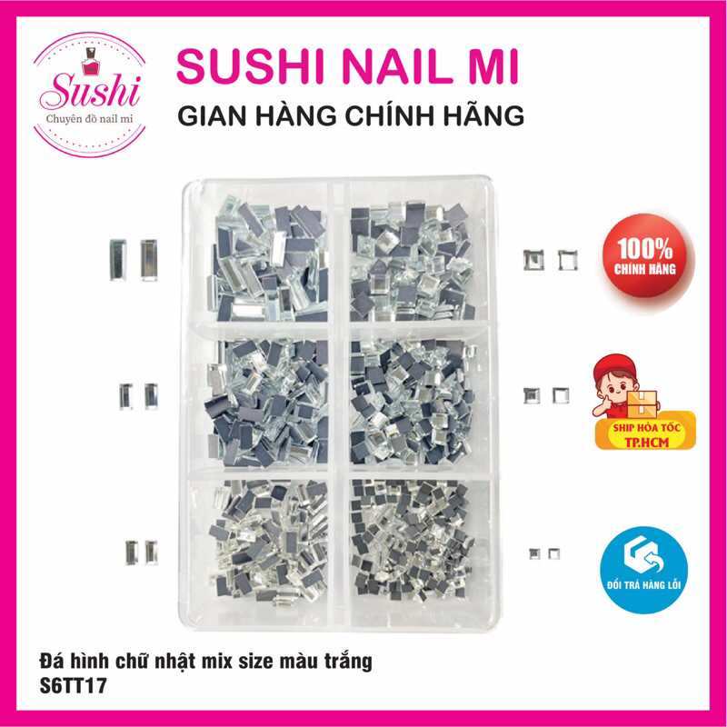 Hộp đá hình chữ nhật mix size, đá đính móng trang trí - Sushi nail mi