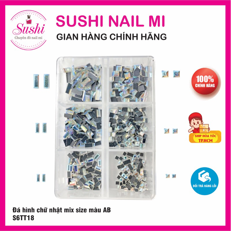 Hộp đá hình chữ nhật mix size, đá đính móng trang trí - Sushi nail mi