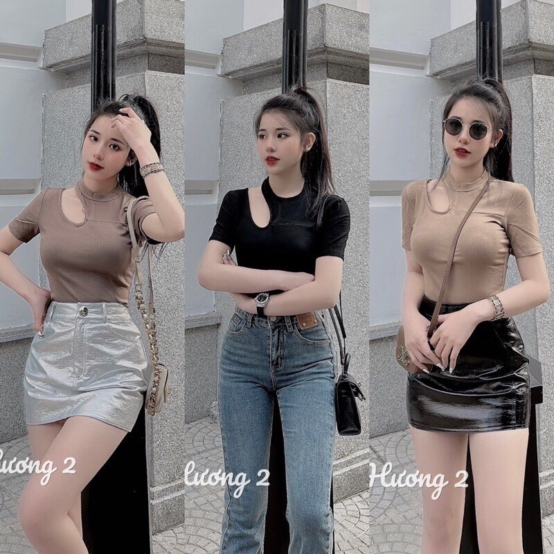 Áo croptop tay ngắn khoét chất thun ôm body sang chảnh AS122