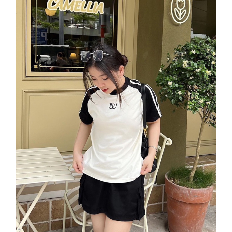 SET ÁO THUN TRẮNG TAY RAPLANG LOGO + CHÂN VÁY ĐEN TÚI HỘP