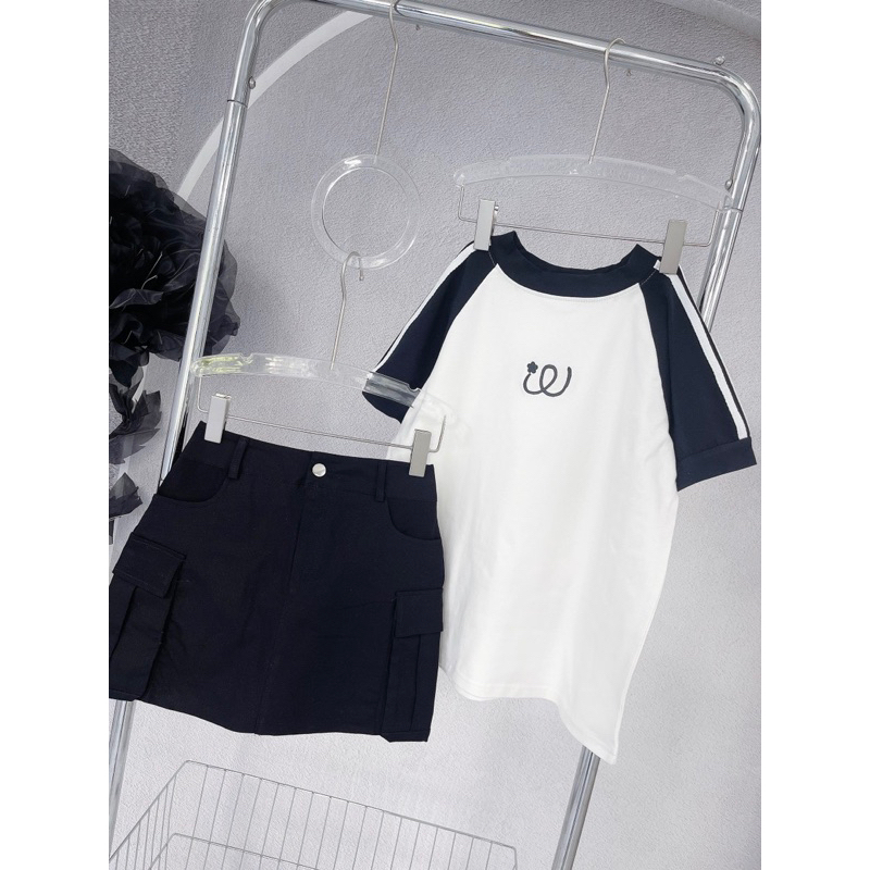 SET ÁO THUN TRẮNG TAY RAPLANG LOGO + CHÂN VÁY ĐEN TÚI HỘP