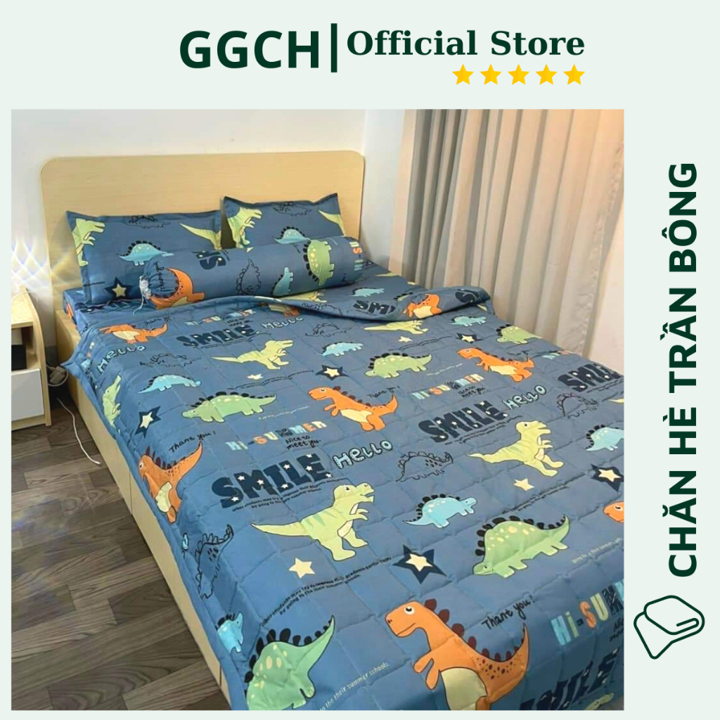 Chăn Hè Khủng Long Hello trần bông 3 lớp, chất liệu Cotton poly bền đẹp - Mềm mại sau lần giặt đầu tiên