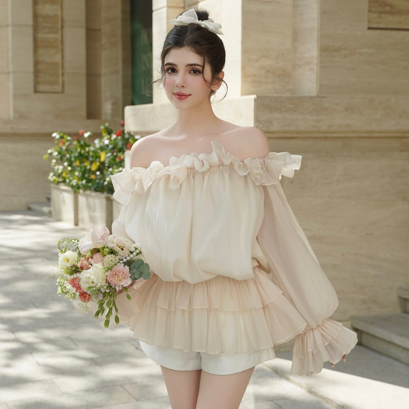 Bel Ange - Áo bẹt vai viền bèo tay dài siêu xinh dành cho mùa hè Sea Song Blouse