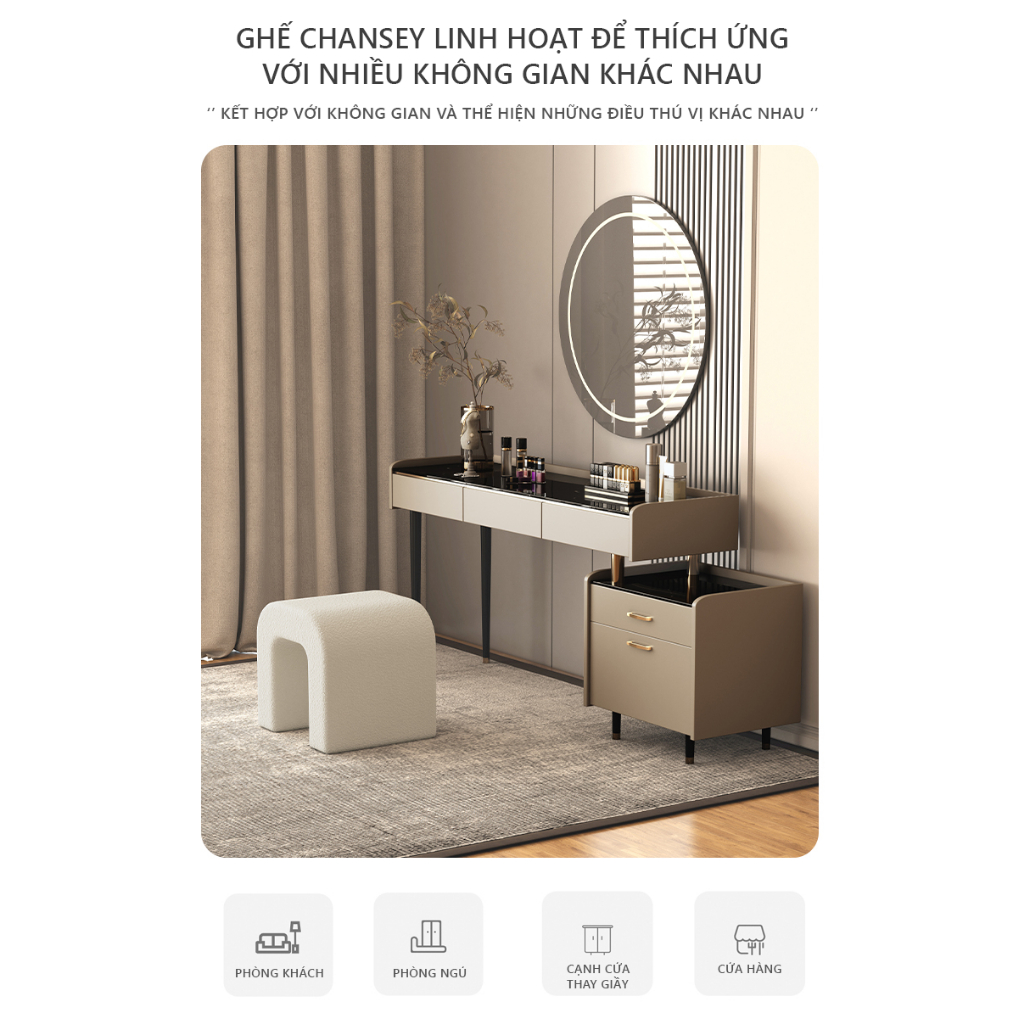 Ghế lông cừu decor ghế trang điểm Chansey phong cách Bắc Âu phòng khách, phòng ngủ- GC21