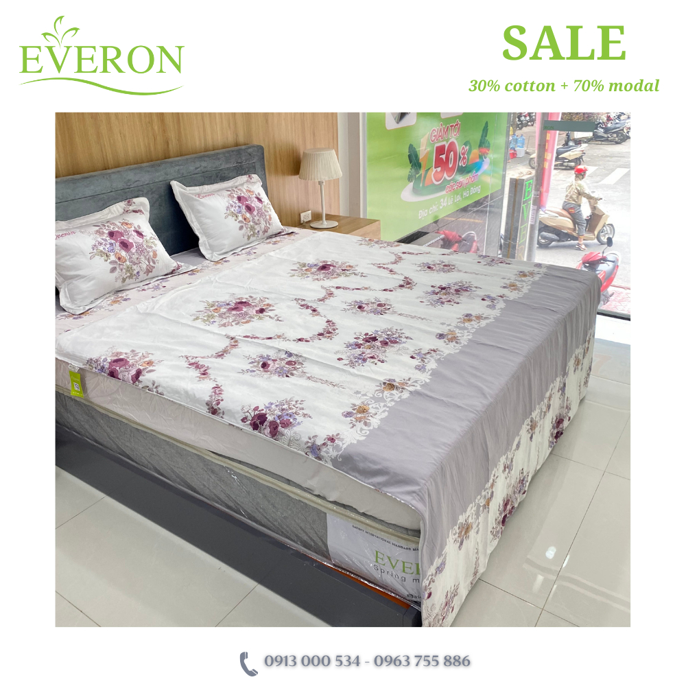 Everon Bộ grap Ga chun, chun chần vỏ gối chăn màu trắng ghi in hoa giảm giá chất liệu Modal thiết kế cao cấp AP 1811 B