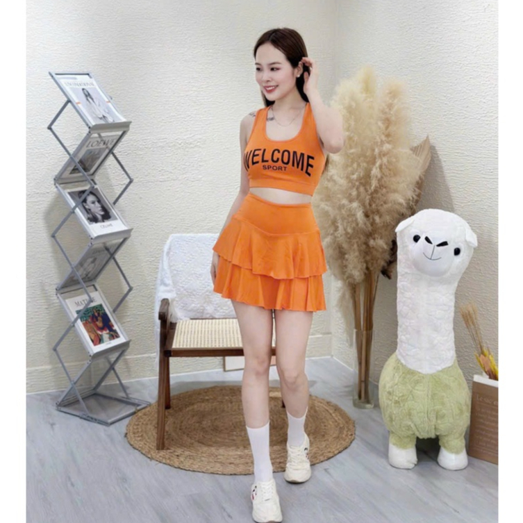 Set tập gym yoga nữ váy 2 tầng áo Bra Welcome chất siêu đẹp thấm hút mồ hôi co giãn 4 chiều