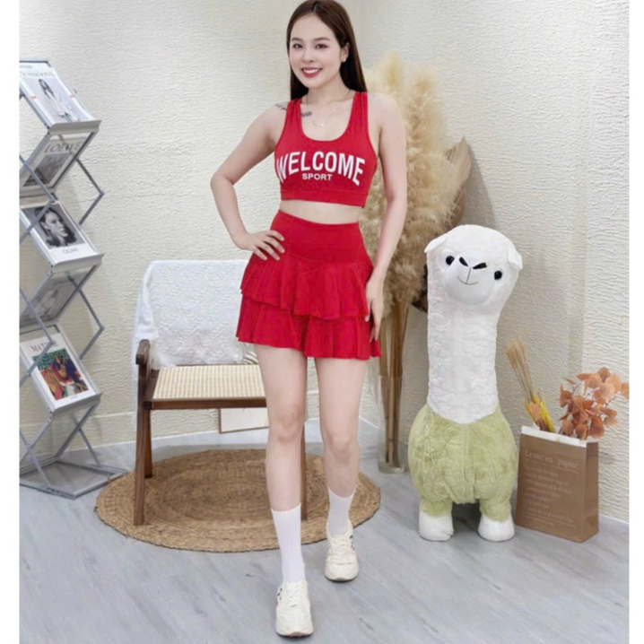 Set tập gym yoga nữ váy 2 tầng áo Bra Welcome chất siêu đẹp thấm hút mồ hôi co giãn 4 chiều