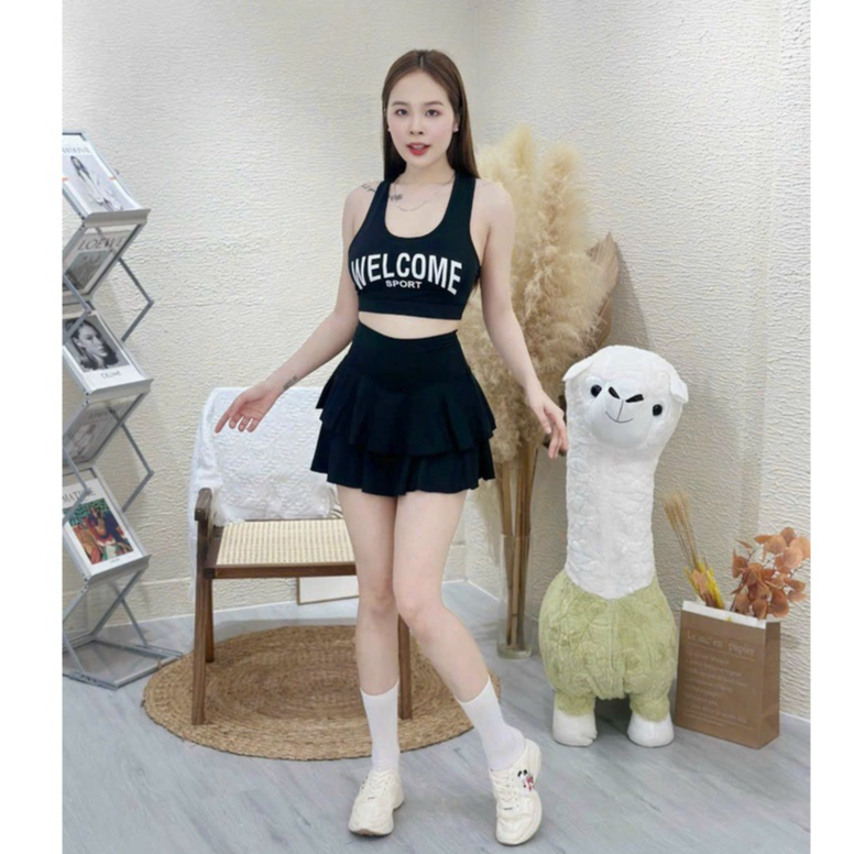 Set tập gym yoga nữ váy 2 tầng áo Bra Welcome chất siêu đẹp thấm hút mồ hôi co giãn 4 chiều