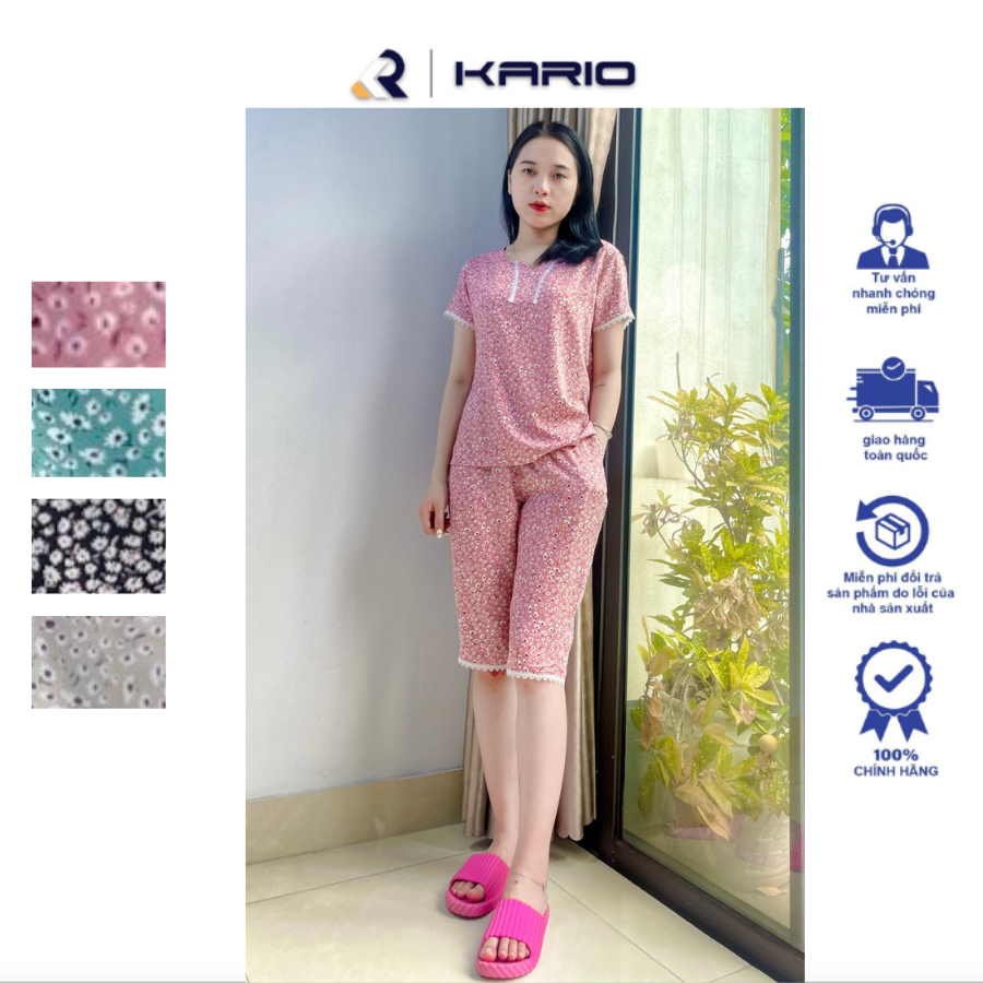 Bộ lanh lụa lửng VARIO áo ngắn tay quần lửng họa tiết hoa nhí 3D phối ren VB23-15