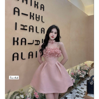 Đầm dự tiệc công chúa sang trọng đính hoa ngực kèm chocker