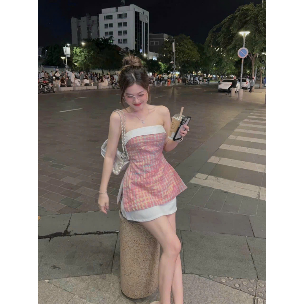 Sét bộ đô nữ áo cúp ngực vải caro bố ( có mút ngực ) sang chảnh mix chân váy ( có lót ) cotton lạnh tôn dáng xinh xắn