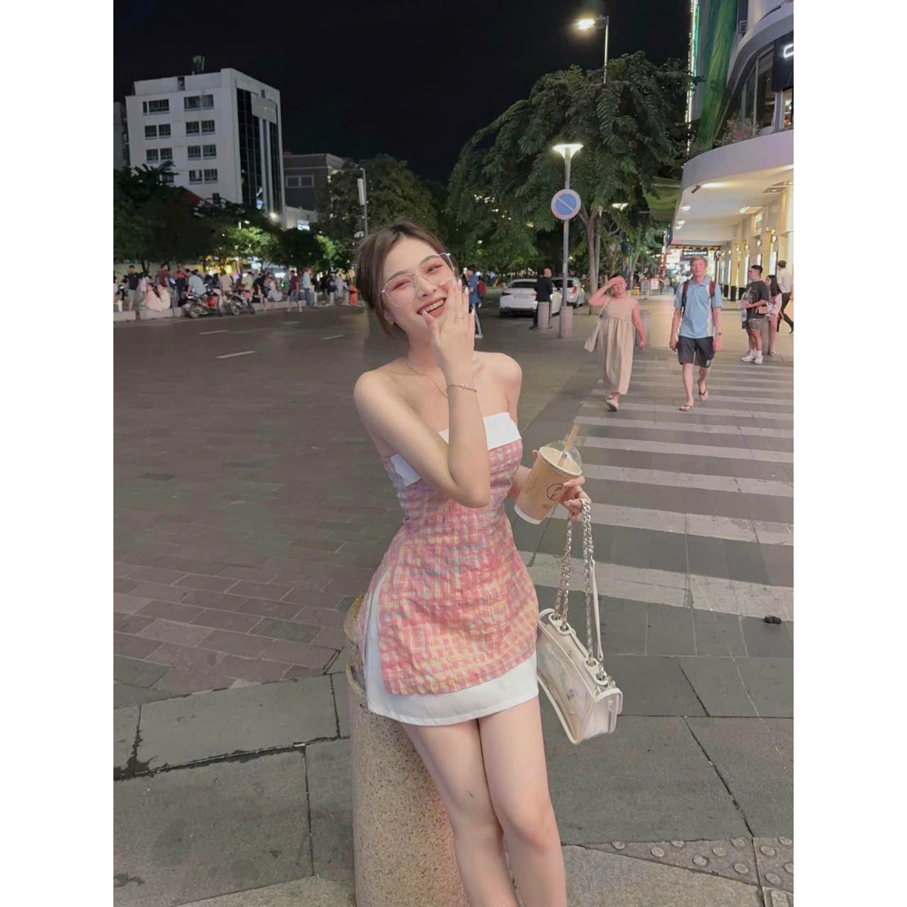 Sét bộ đô nữ áo cúp ngực vải caro bố ( có mút ngực ) sang chảnh mix chân váy ( có lót ) cotton lạnh tôn dáng xinh xắn