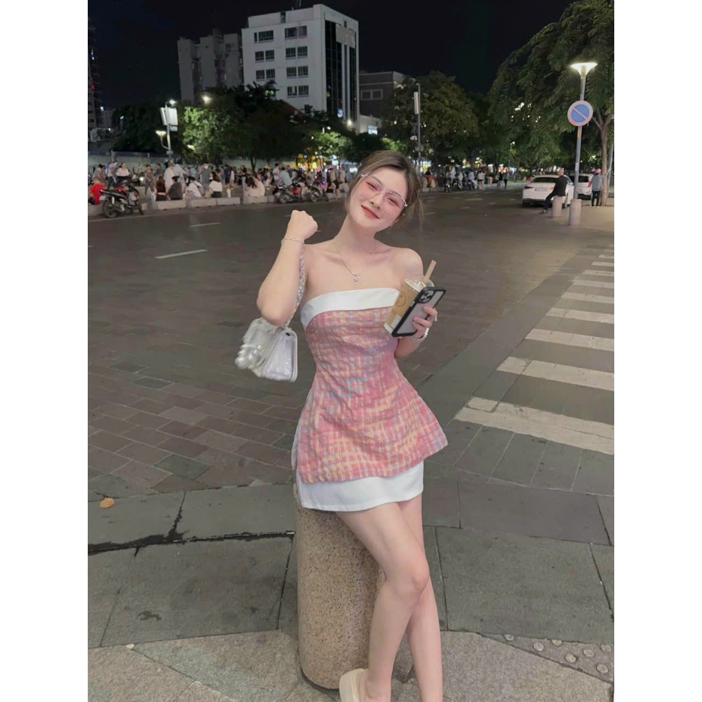 Sét bộ đô nữ áo cúp ngực vải caro bố ( có mút ngực ) sang chảnh mix chân váy ( có lót ) cotton lạnh tôn dáng xinh xắn